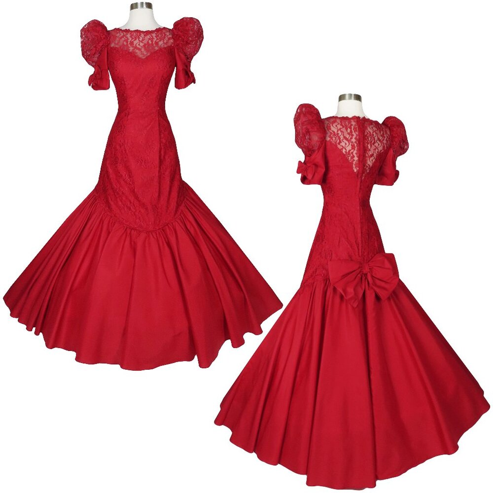 Vintage 80s Red Lace Puff Sleeve Mermaid Full Skirt Party Dress Prom Gown XXS XS